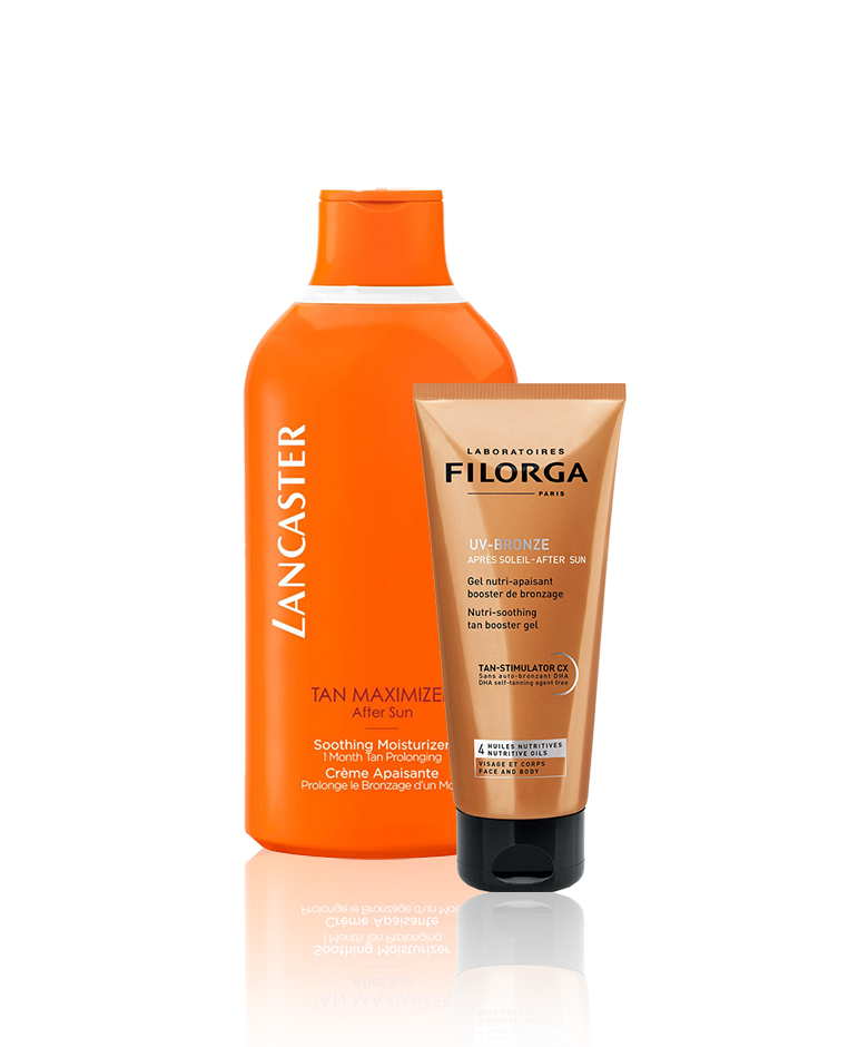 UV Bronze Aftersun Nutri-Soothing Tan Booster Gel van Filorga en Maximizer Soothing Moisturizer Repairing Aftersun van Lancaster