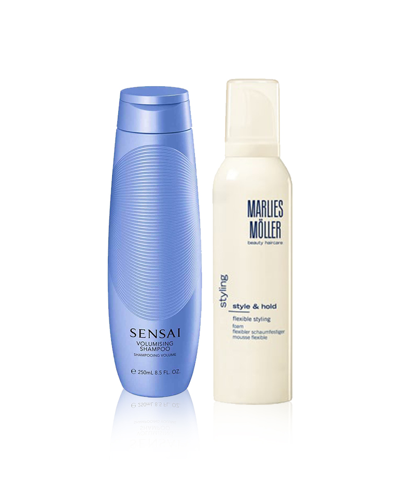 Volumising Shampoo van Sensai en Flexible Styling Foam van Marlies Möller