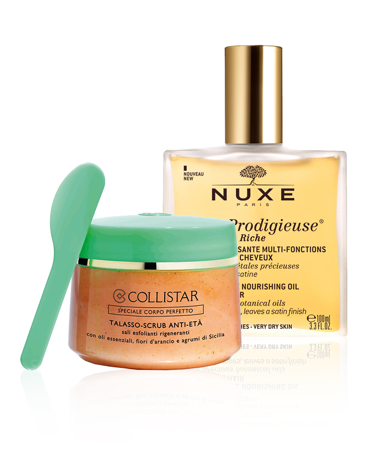 Talasso Scrub van Collistar en Huile Prodigieuse van Nuxe