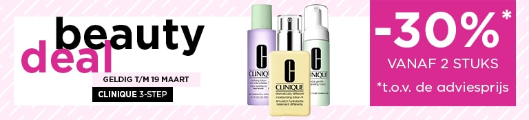 Clinique 3-step lijn: -30%* vanaf 2 stuks Clinique 3-step lijn: -30%* vanaf 2 stuks