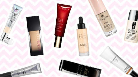 Flatlay met getinte crème, foundation, BB- en CC-cream Flatlay met getinte crème, foundation, BB- en CC-cream