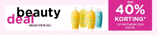 Tot 40% korting* op Biotherm Zon 400ml! Tot 40% korting* op Biotherm Zon 400ml!
